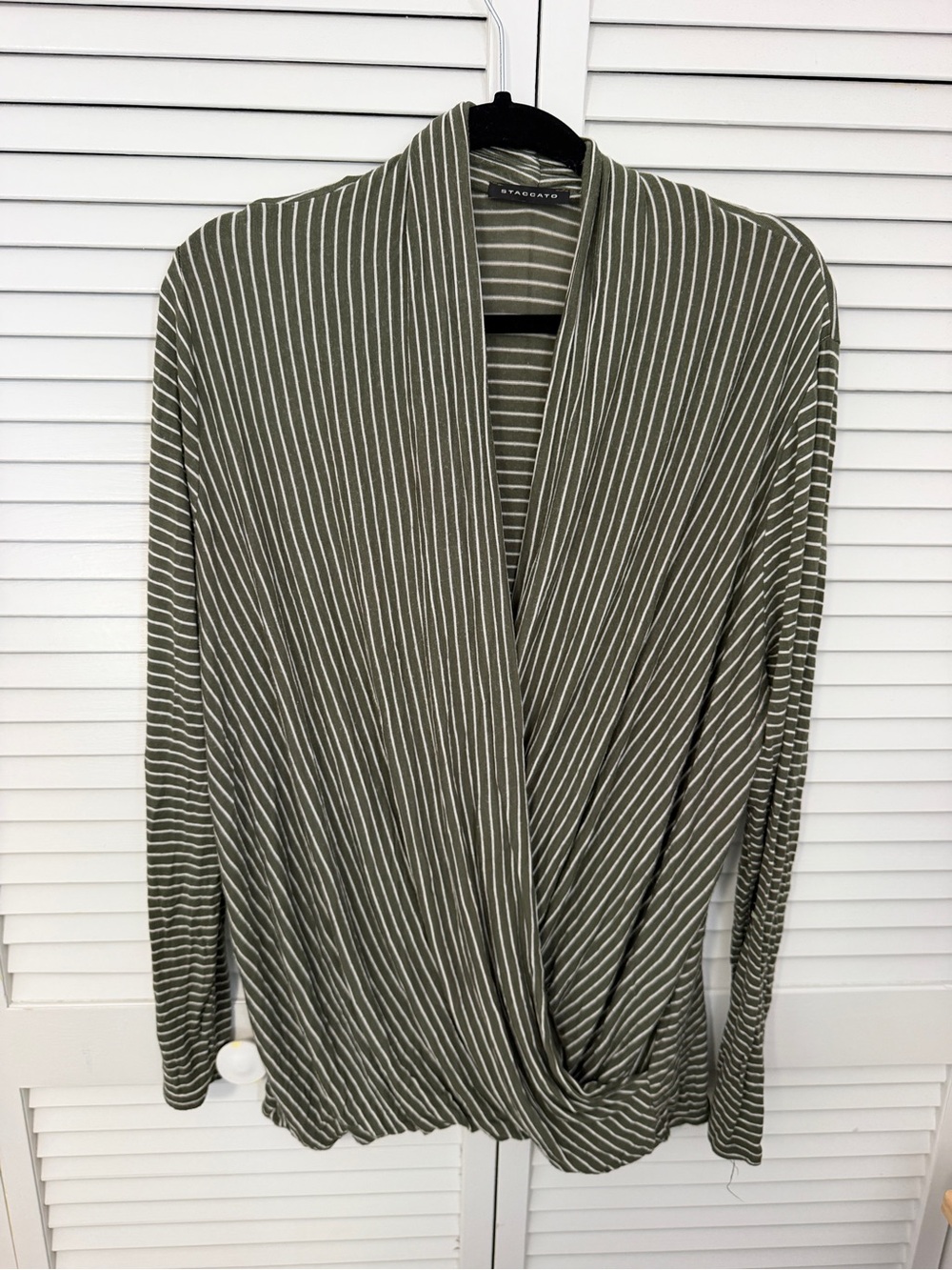 Staccato Olive Green and White Striped Wrap Top Size L